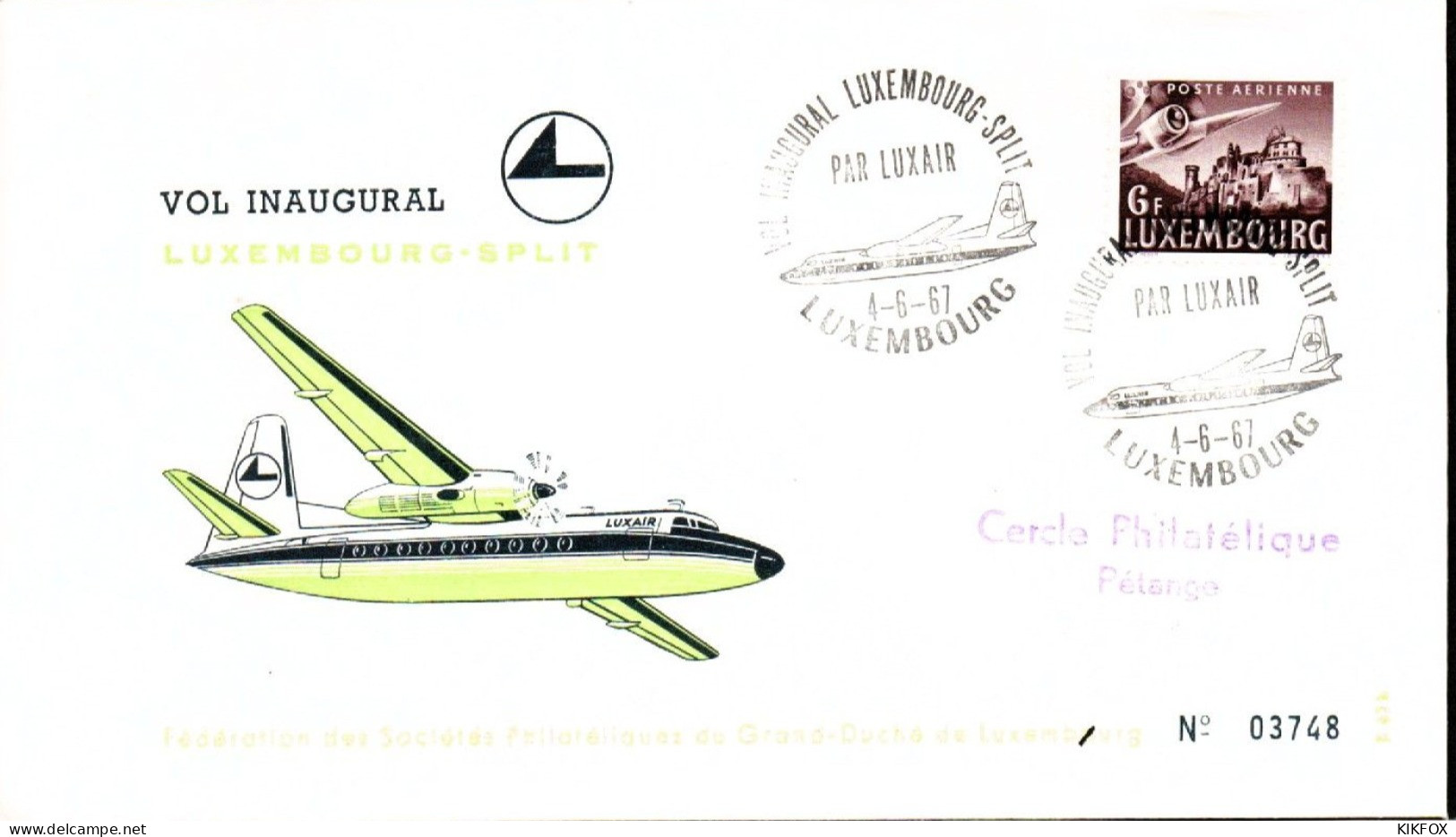 Luxembourg , Luxemburg , 4-6-1967, FDC -Vol Inaugural Luxembourg-Split, Timbre MI 408,GESTEMPELT - Briefe U. Dokumente