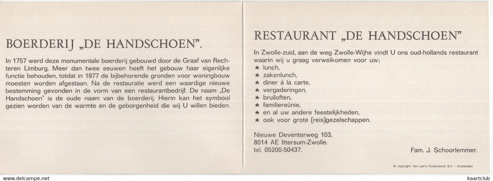 Ittersum-Zwolle - Restaurant 'De Handschoen', In- & Exterieur - Nieuwe Deventerweg 103 - (Overijssel) - 2x 15cm X 10.5cm - Zwolle