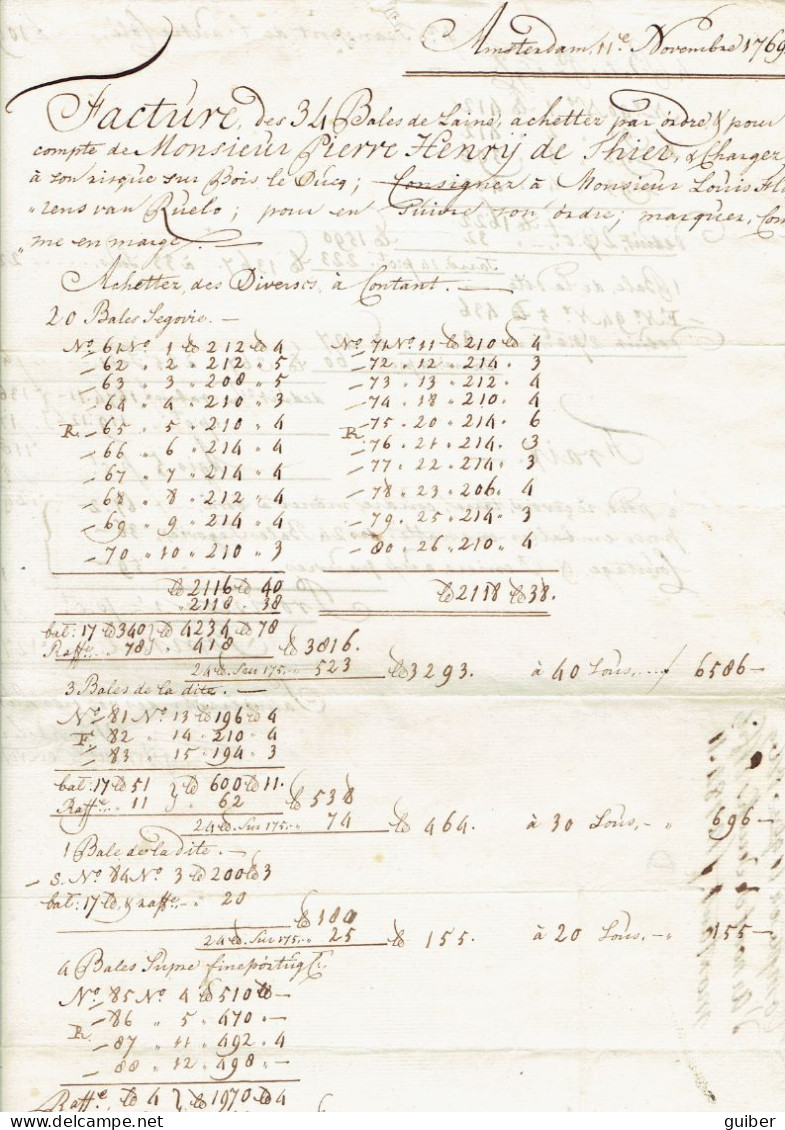 Facture Amsterdam De 34 Bales De Laine 1769 Vers Bois Le Ducq Ou Bois Le Duc  - Paesi Bassi