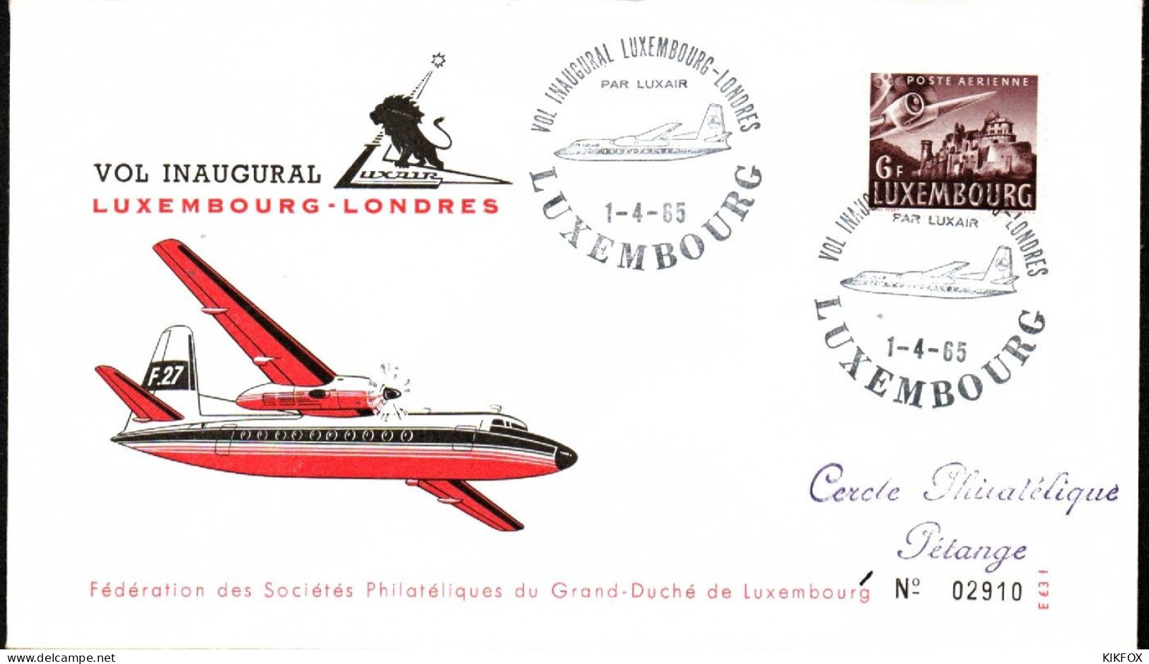 Luxembourg , Luxemburg , 1-4-1965, FDC - Vol Inaugural Luxembourg-Londres , Timbre MI 408,GESTEMPELT - Briefe U. Dokumente