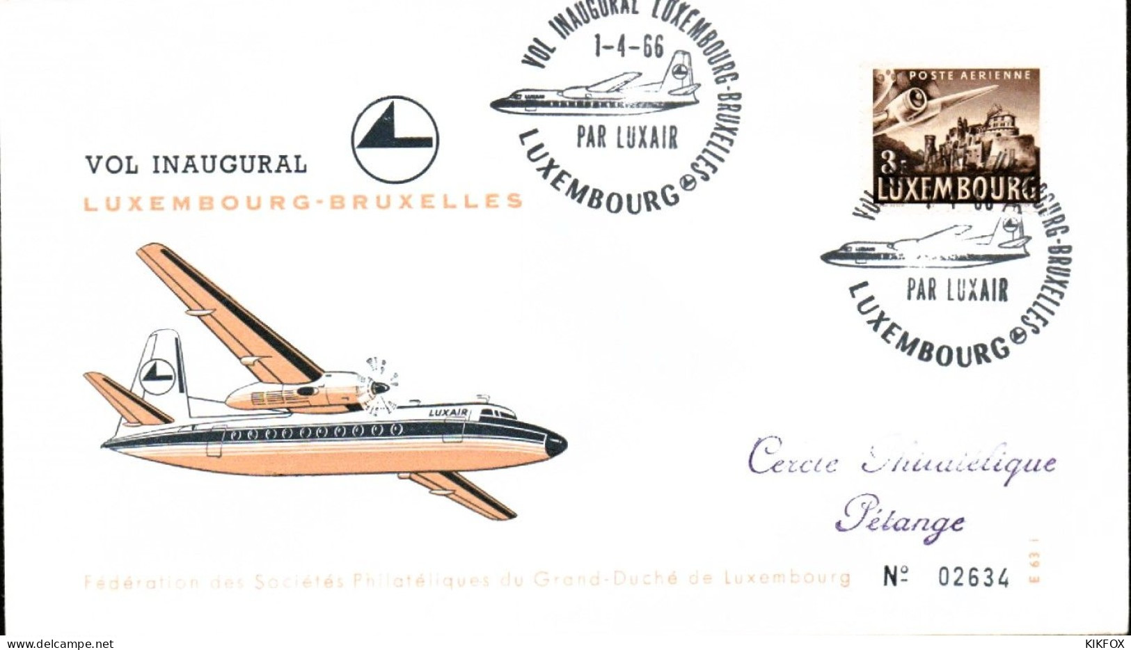Luxembourg , Luxemburg , 1-4-1966,  FDC -Vol Inaugural Luxembourg- Bruxelles, Timbre MI 405, GESTEMPELT - Briefe U. Dokumente