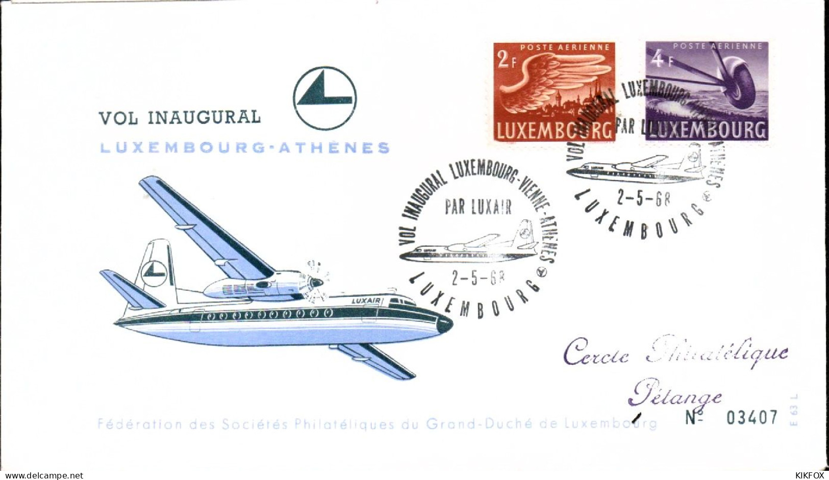 Luxembourg , Luxemburg , 2-5-1968,  FDC -VOL INAUGURAL LUXEMBOURG-ATHENES, Timbres MI 404, 406, GESTEMPELT - Covers & Documents