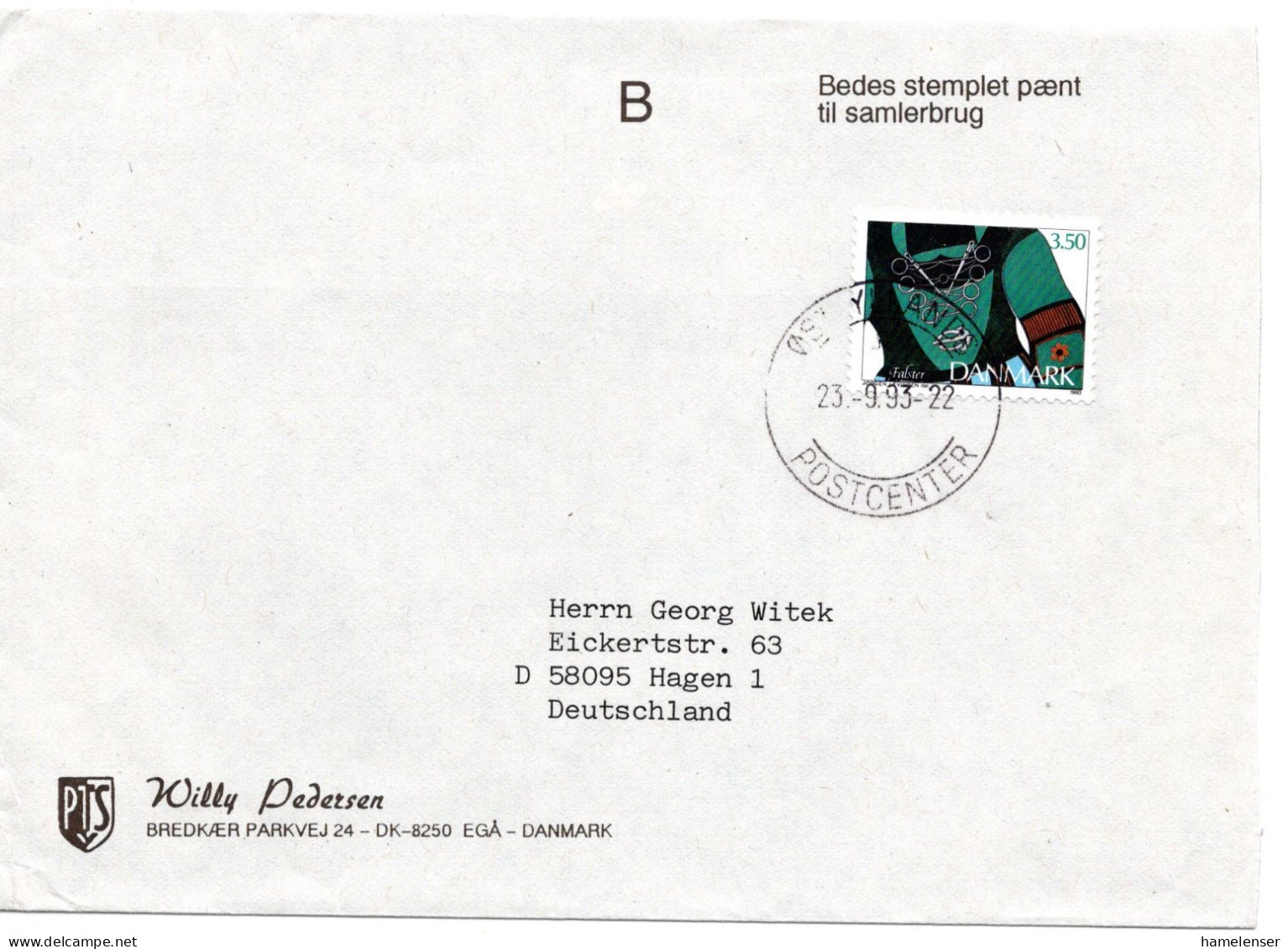 60792 - Dänemark - 1993 - 3,50Kr Tracht EF A Bf OESTJYLLANDS POSTCENTER -> Deutschland - Textiles