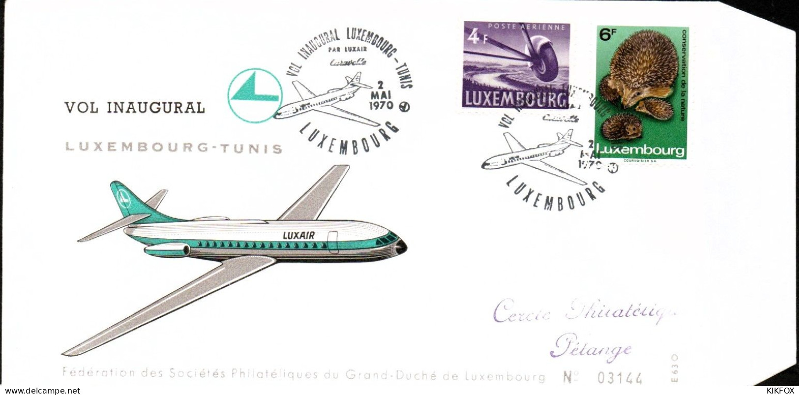 Luxembourg , Luxemburg , 2 Mai 1970 FDC - Vol Inaugural Luxembourg-Tunis , Timbres MI 406, 805, GESTEMPELT - Storia Postale