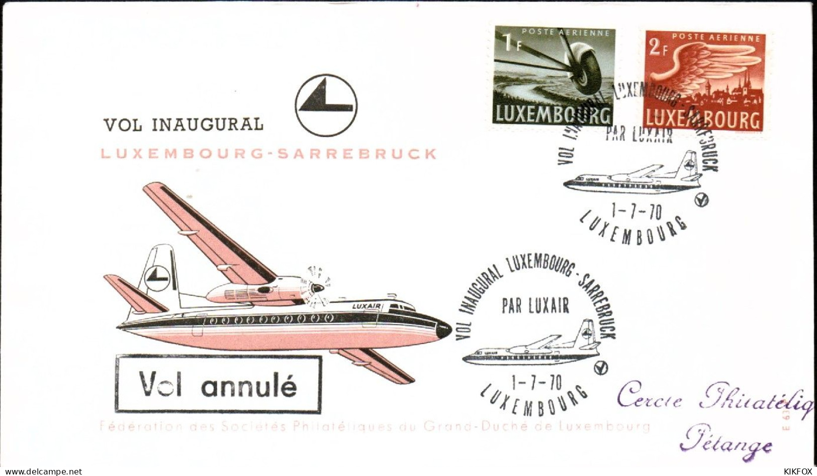 Luxembourg , Luxemburg , 1 - 7 1970 ,FDC -  Vol Inaugural Luxembourg- Sarrebruck, Timbres MI 403,404, GESTEMPELT - Briefe U. Dokumente