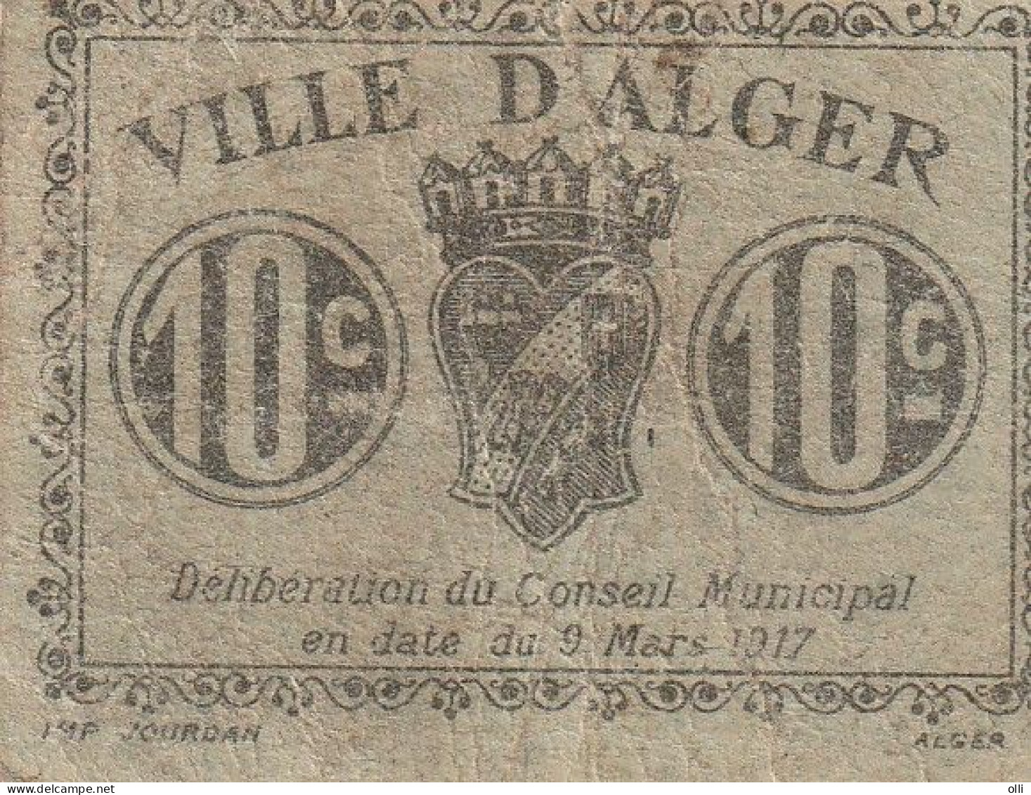 ALGERIE 10 CENTIMES CITY OF ALGIERS 1917  VG - Algeria