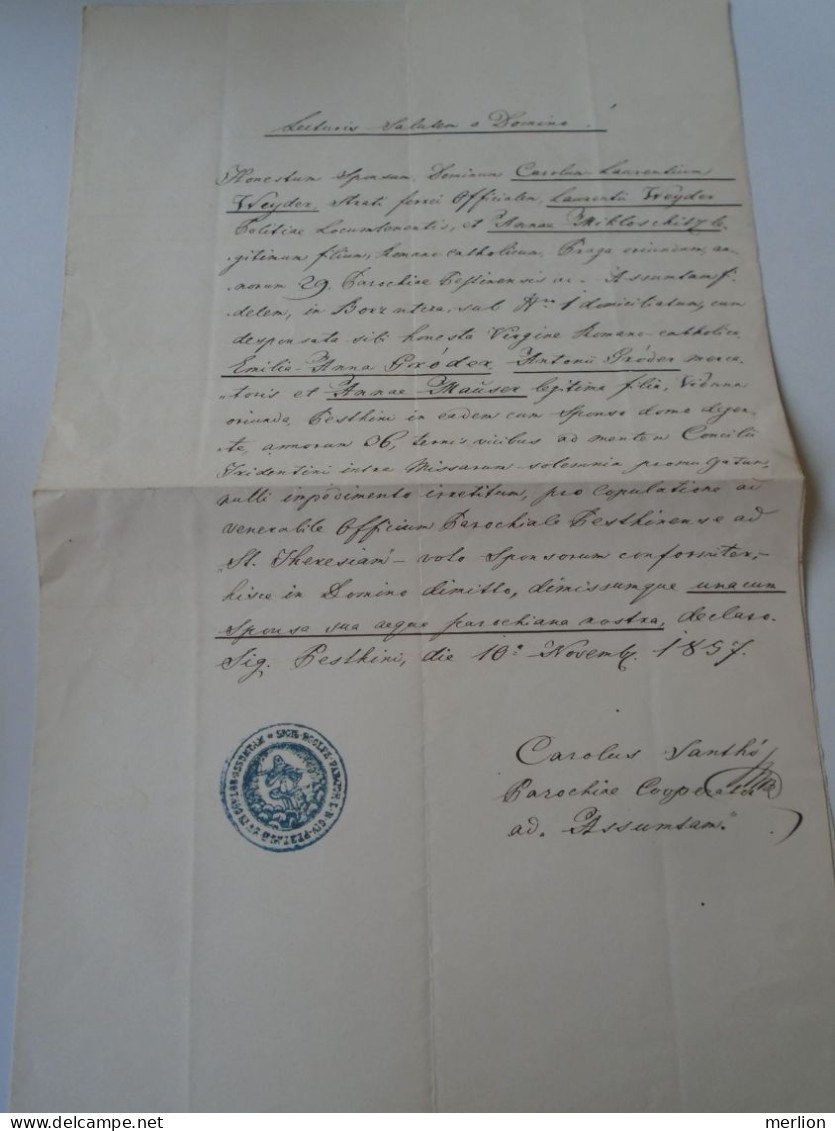 ZA470.7 Hungary  Old Document -  Carolum Laurentium Weyder And Emilia Anna Gróder - 1857  Pestinii  (Budapest) - Engagement