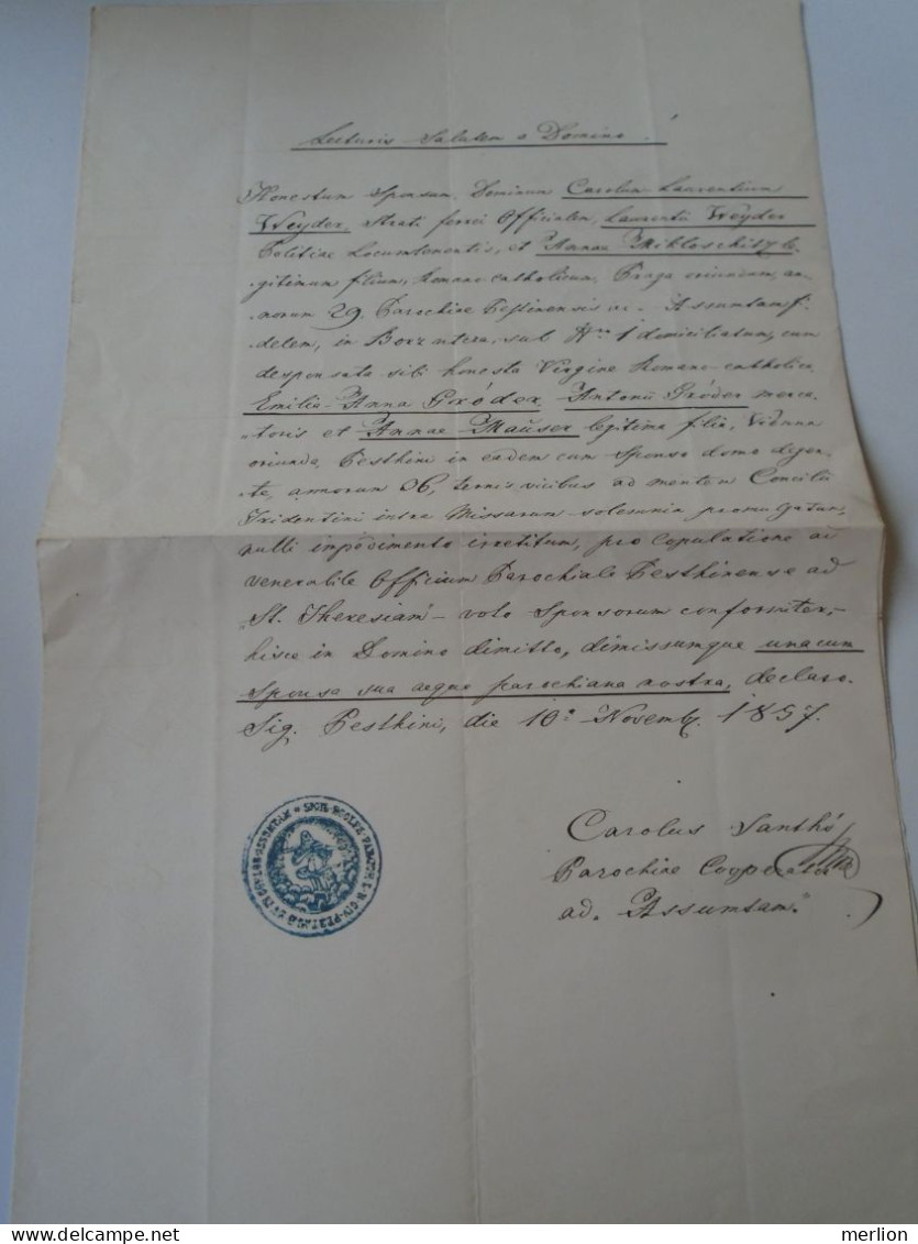 ZA470.7 Hungary  Old Document -  Carolum Laurentium Weyder And Emilia Anna Gróder - 1857  Pestinii  (Budapest) - Fiançailles