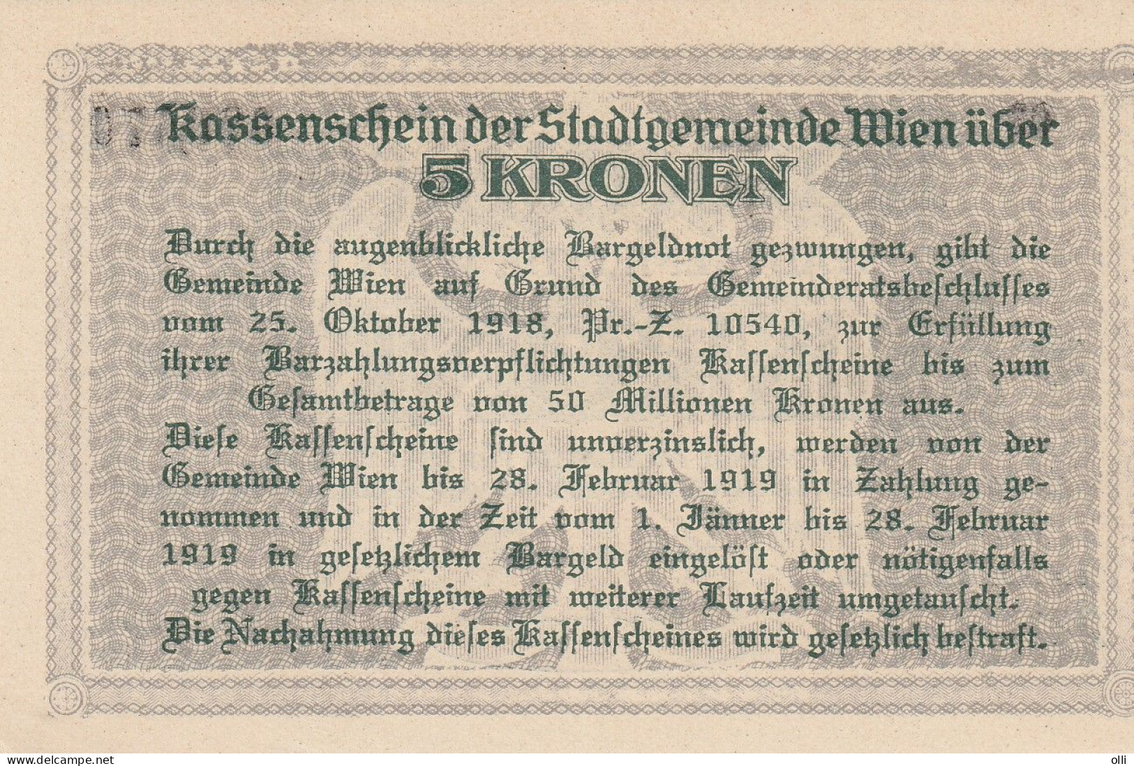 Österreic  5 Kronen  Kassenschein Der Stadtgemeinde Wien 1918  UNC - Algeria