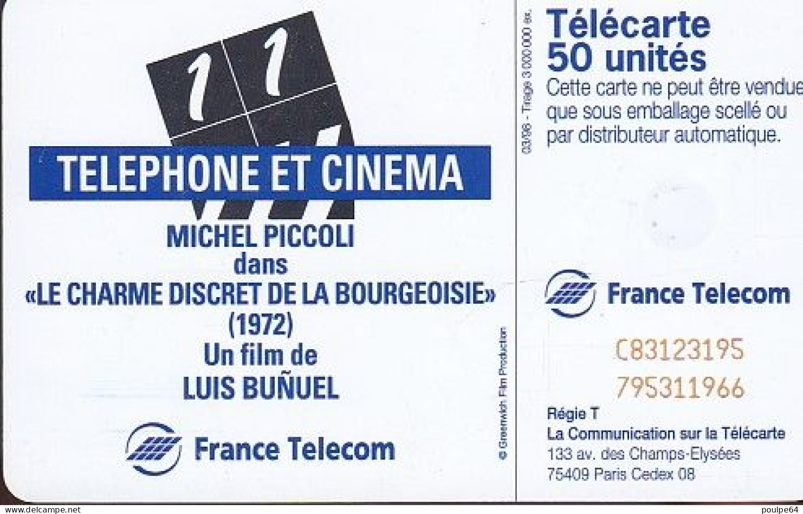 F844  03/1998 - MICHEL PICCOLI " Cinéma " - 50 SC7 T1G - 1998