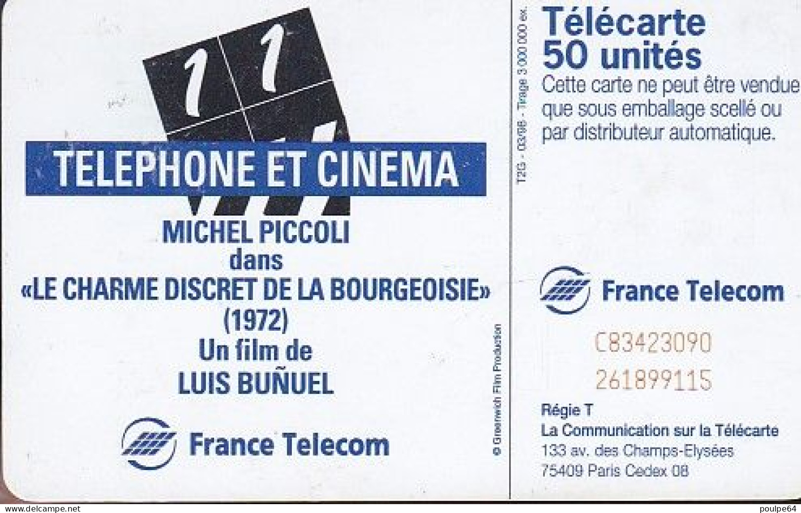 F844A  03/1998 - MICHEL PICCOLI " Cinéma " - 50 SC7 T2G - 1998