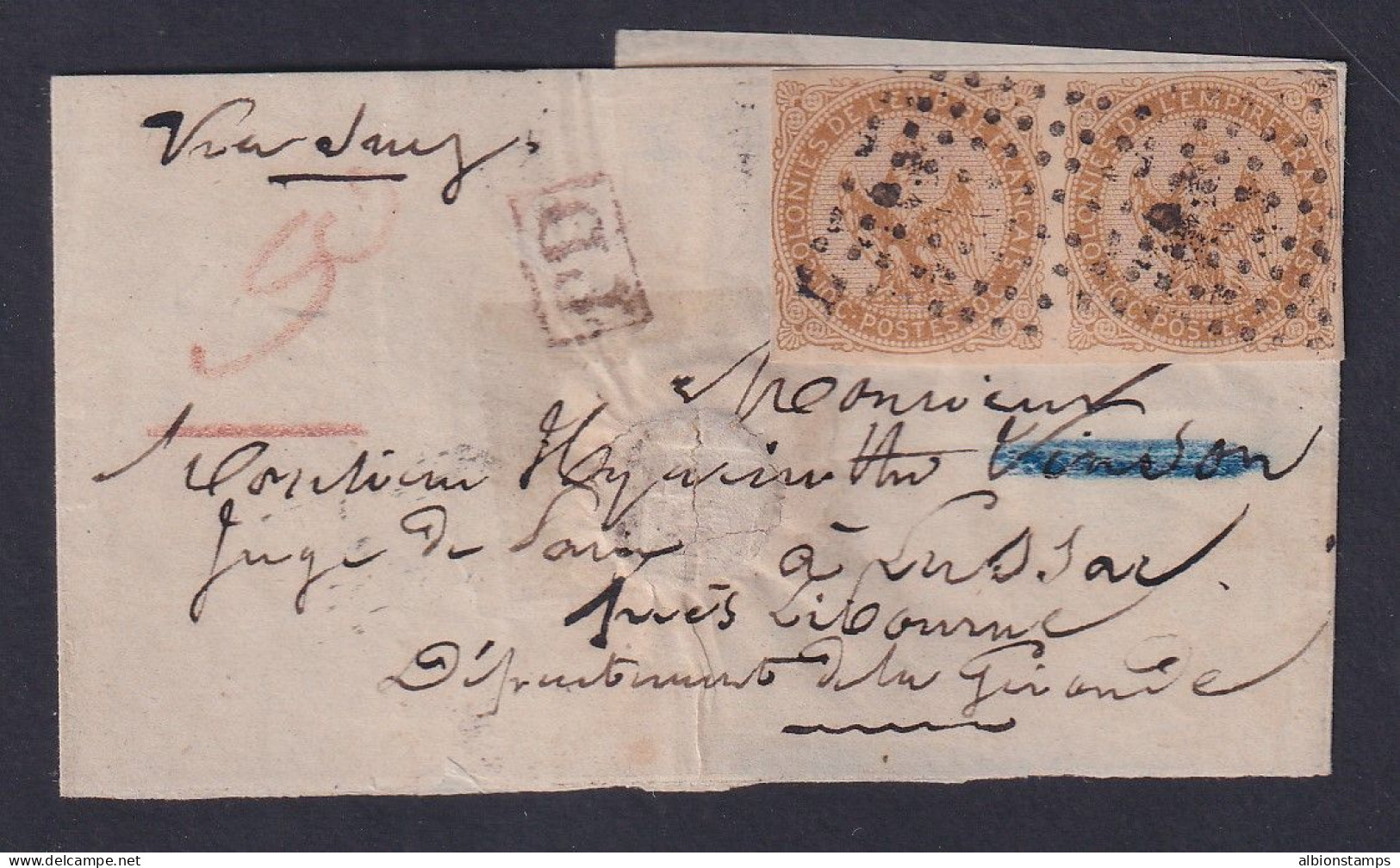 French India, Sc 3 (Yv 3), Pair On 1864 WRAPPER From KARIKAL, Unique, W/ Cert - Covers & Documents