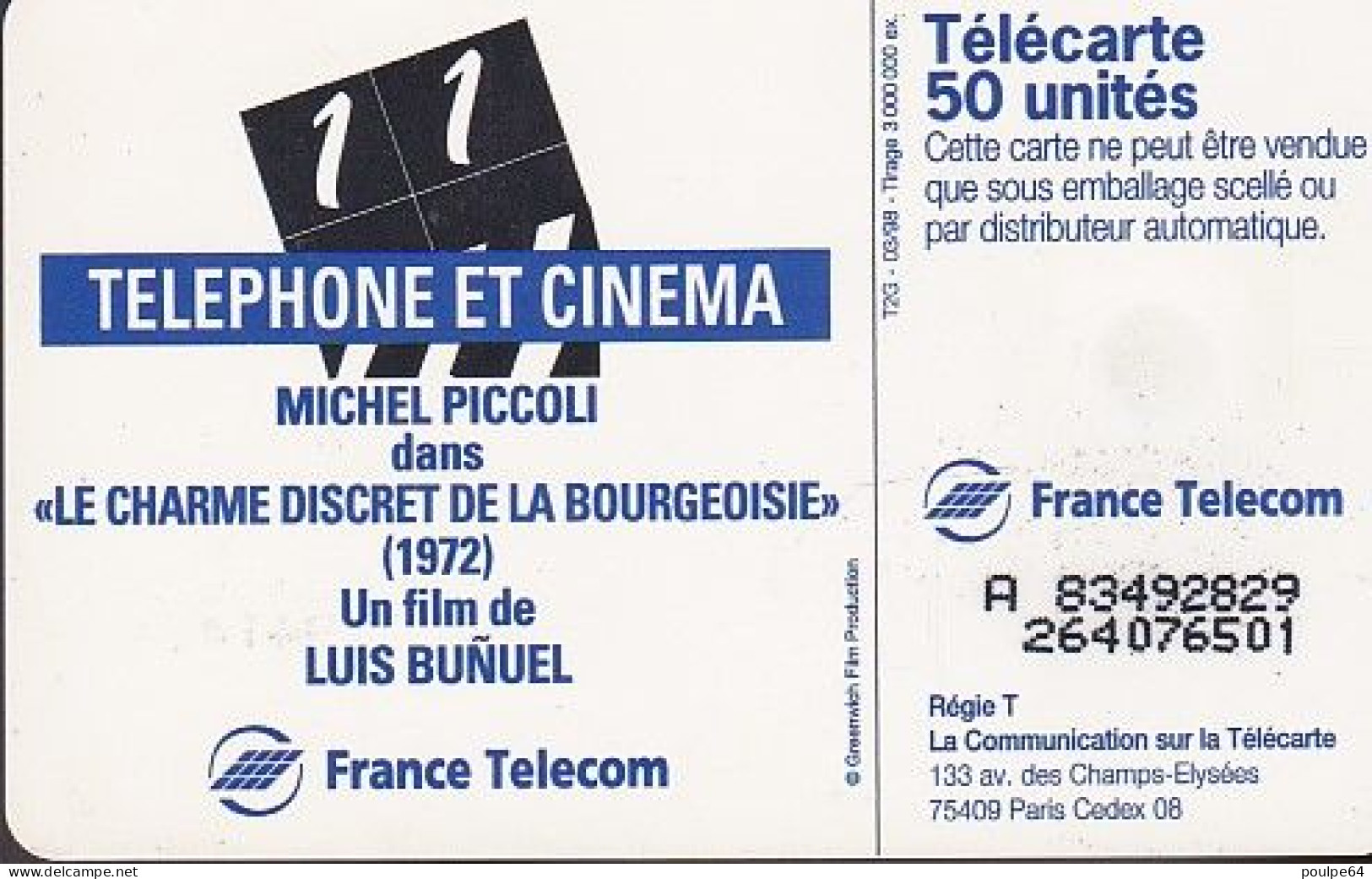 F844C  03/1998 - MICHEL PICCOLI " Cinéma " - 50 SO3 - (verso : N° Deux Lignes - 2ème Ligne Vers La Droite) - 1998