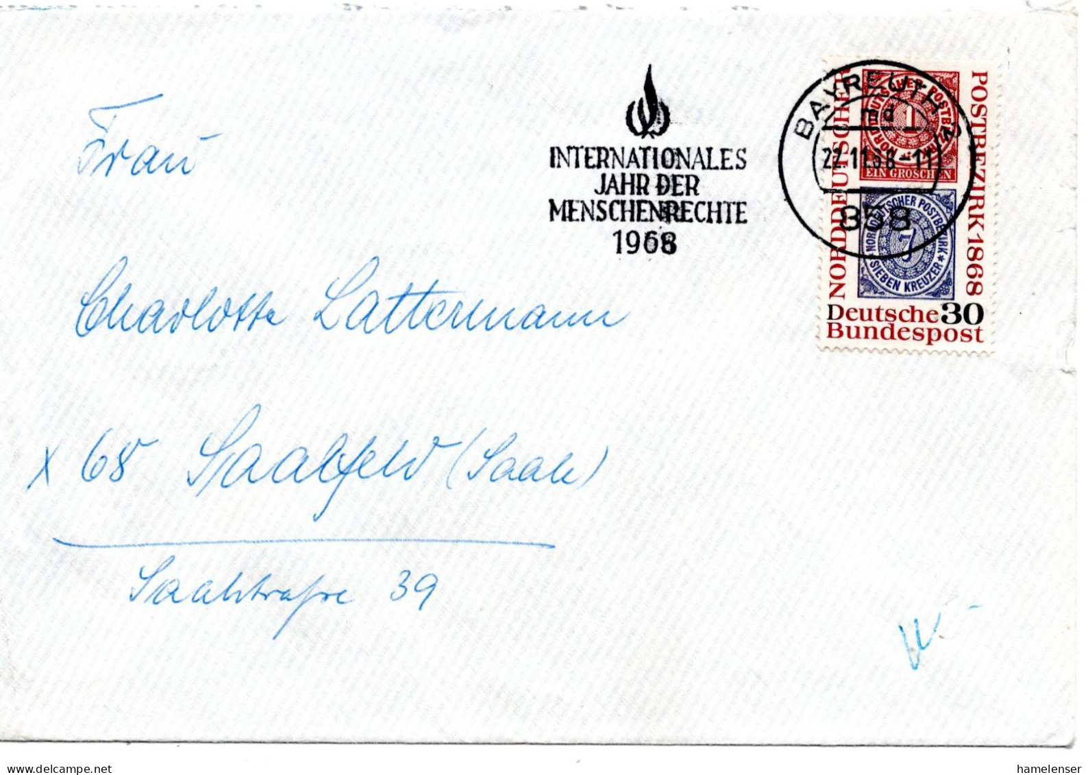 60803 - Bund - 1968 - 30Pfg NDP EF A Bf BAYREUTH - INTERNATIONALES JAHR DER MENSCHENRECHTE ... -> DDR - VN