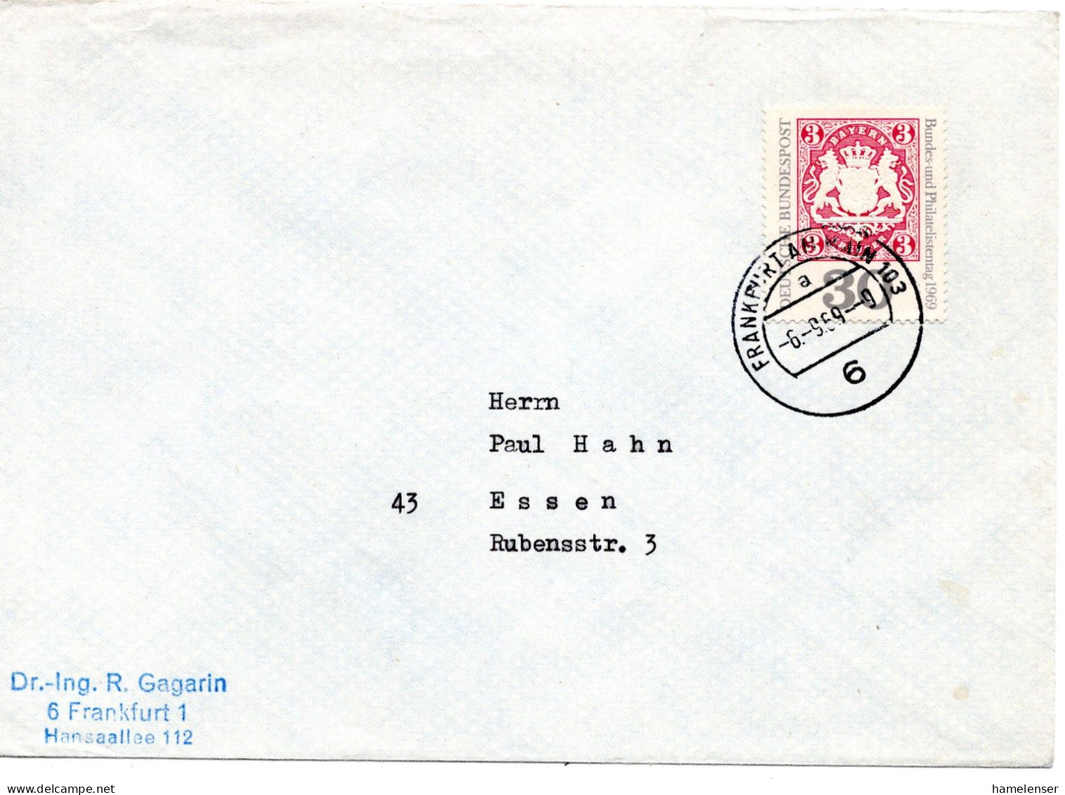 60804 - Bund - 1969 - 30Pfg Philatelistentag EF A Bf FRANKFURT -> Essen - Postzegels Op Postzegels