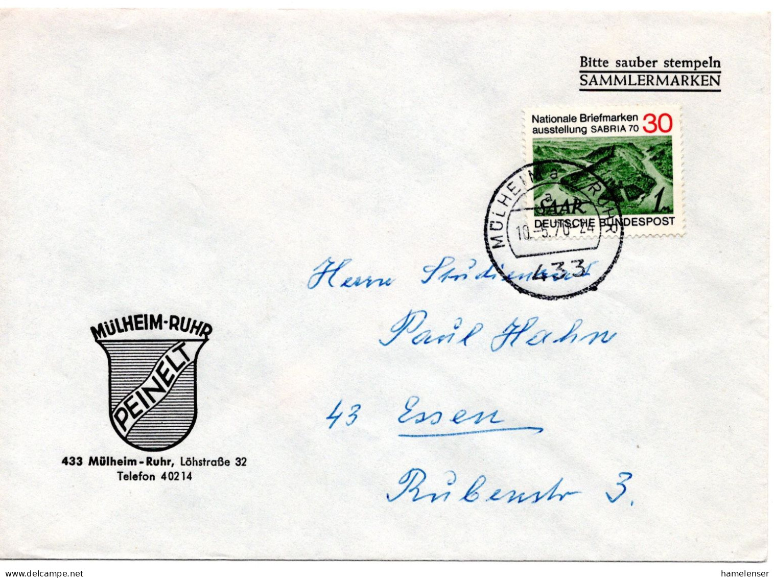 60805 - Bund - 1970 - 30Pfg SABRIA EF A Bf MUELHEIM -> Essen - Briefmarken Auf Briefmarken