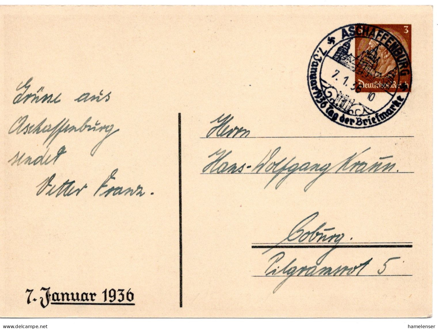 60806 - Deutsches Reich - 1936 - 3Pfg PGAKte "Tag Der Briefmarke '36" SoStp ASCHAFFENBURG - ... -> Coburg - Stamp's Day