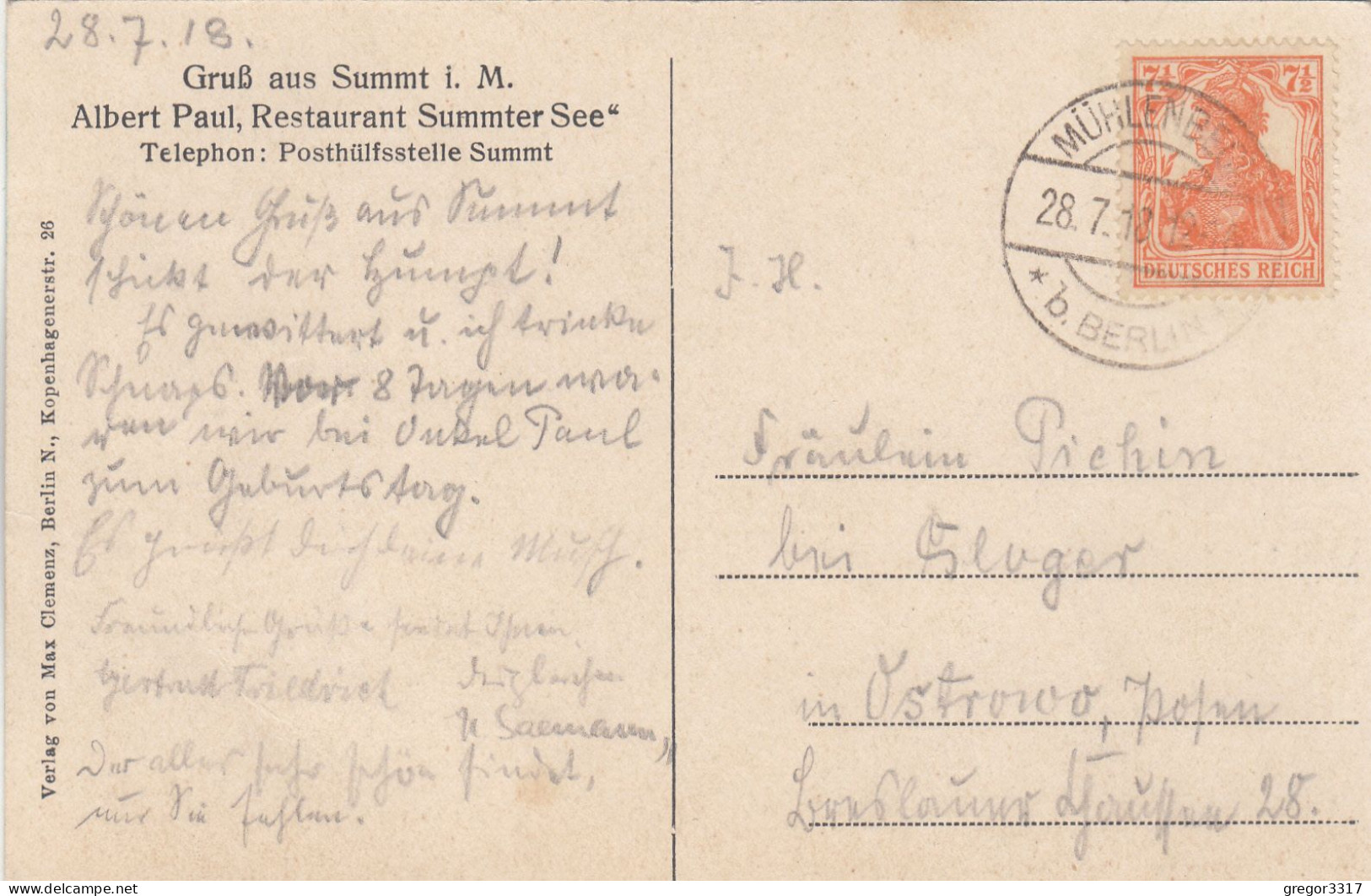 D8388) SUMMTER SEE - Gruß Aus SUMMT I. M. - Albert Paul - Mühlenbeck B. Berlin 28.7.1918 - Mühlenbeck