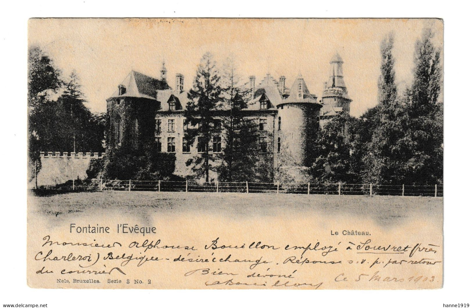 Fontaine L' Eveque Le Chateau Cachet Oran Algerie 1903 Souvret Htje - Fontaine-l'Eveque