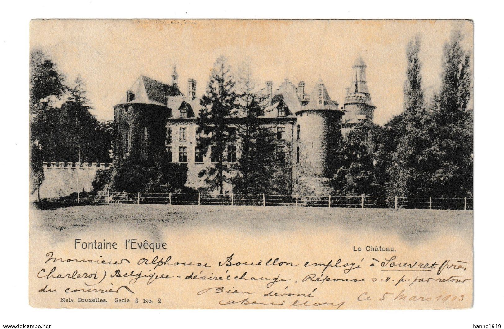 Fontaine L' Eveque Le Chateau Cachet Oran Algerie 1903 Souvret Htje - Fontaine-l'Evêque