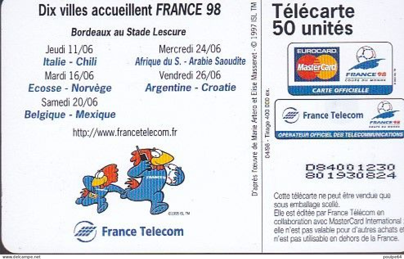 F848  04/1998 - BORDEAUX " Affiche Coupe Du Monde "  - 50 OB2 - 1998