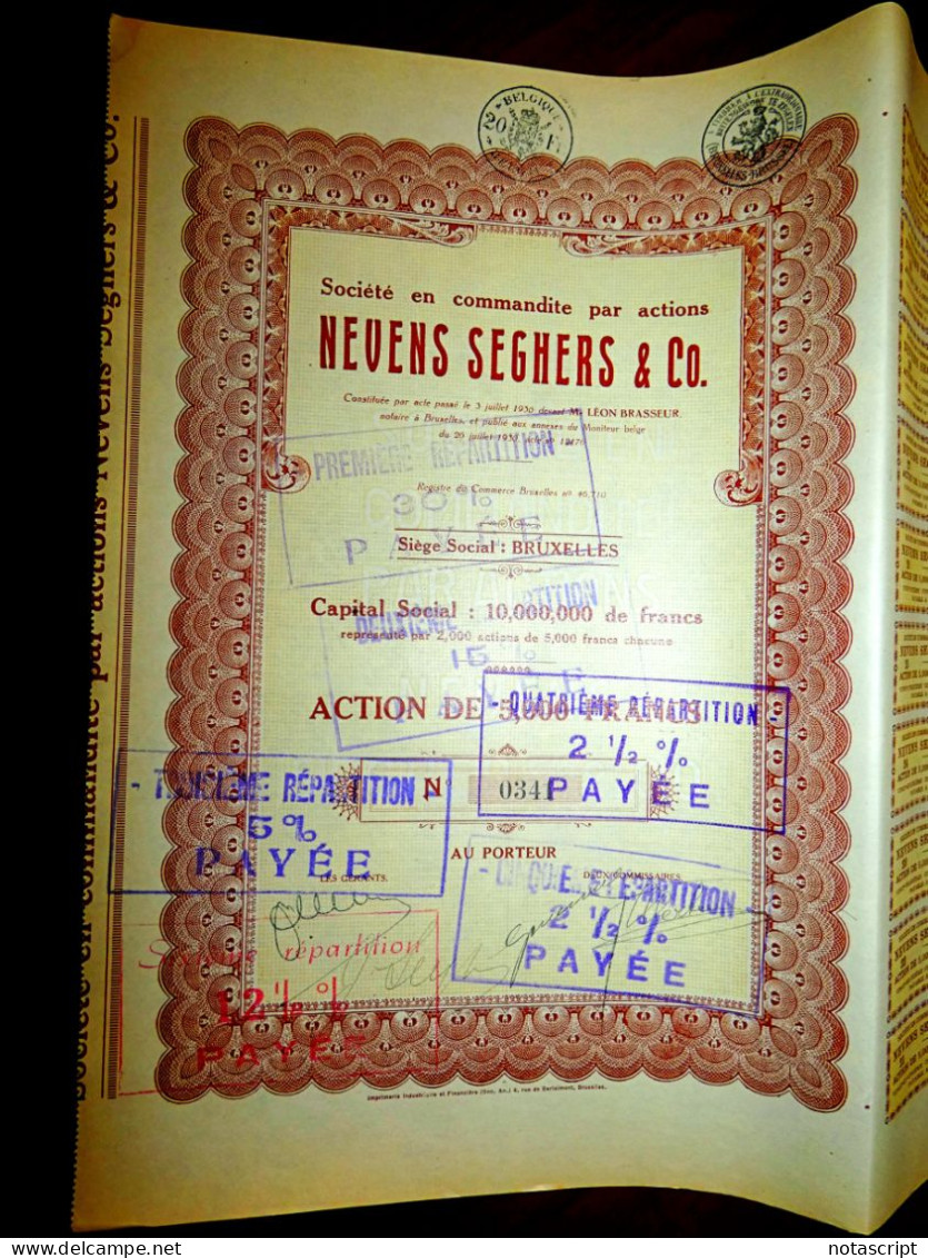 Nevens Seghers & Co, Agente De Bolsa ,Bruselas 1930. Acción De 5000 Francos - Banque & Assurance