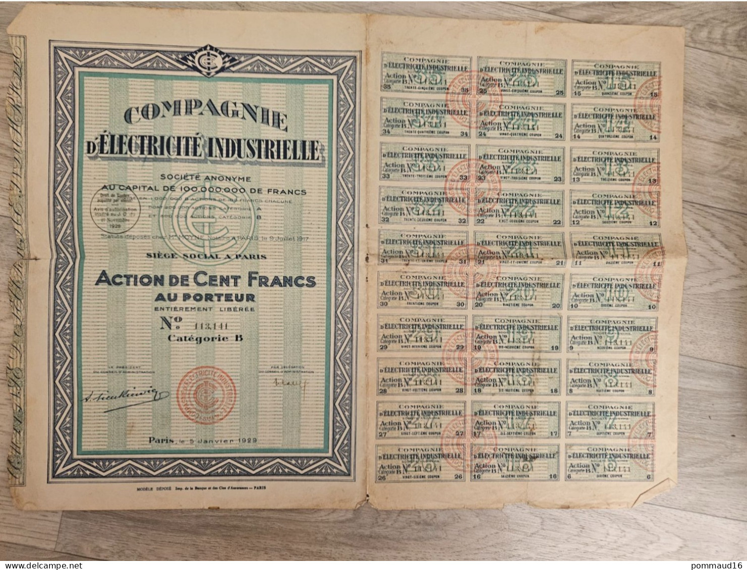 Action Au Porteur Compagnie D'électricité Industrielle De 100 Francs, N°113141 Du 05/01/1929 - Electricity & Gas