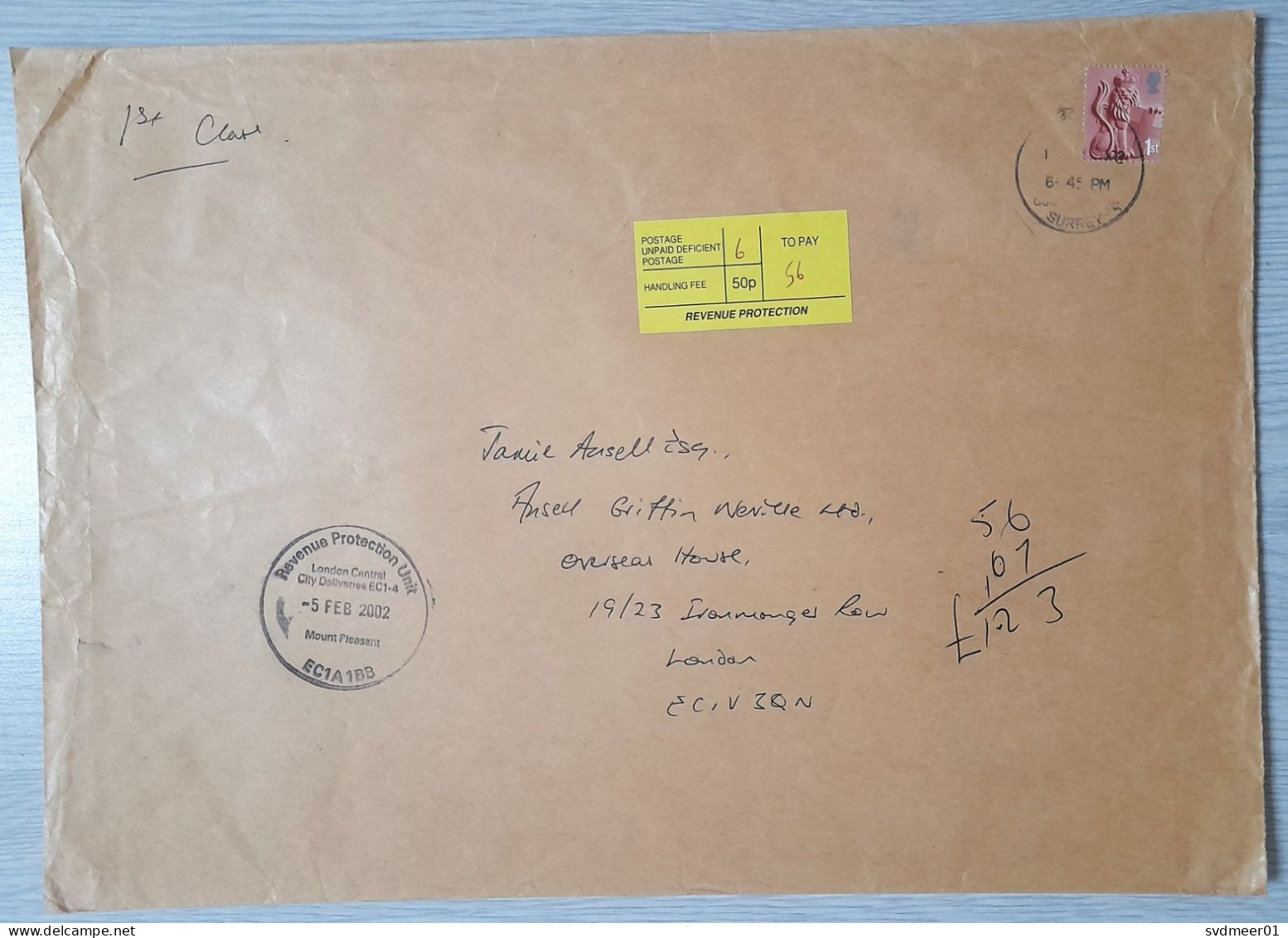 UK: Large Cover, 2002, 1 Stamp, Heraldry, Label & Cancel To Pay, Postage Due, Taxed, Revenue Protection (minor Creases) - Cartas & Documentos