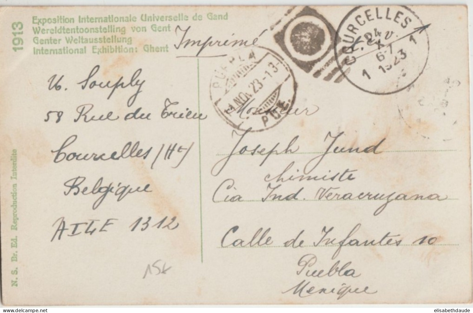 1923 - BELGIQUE => DESTINATION MEXIQUE ! - CARTE De COURCELLES => PUEBLA - Lettres & Documents