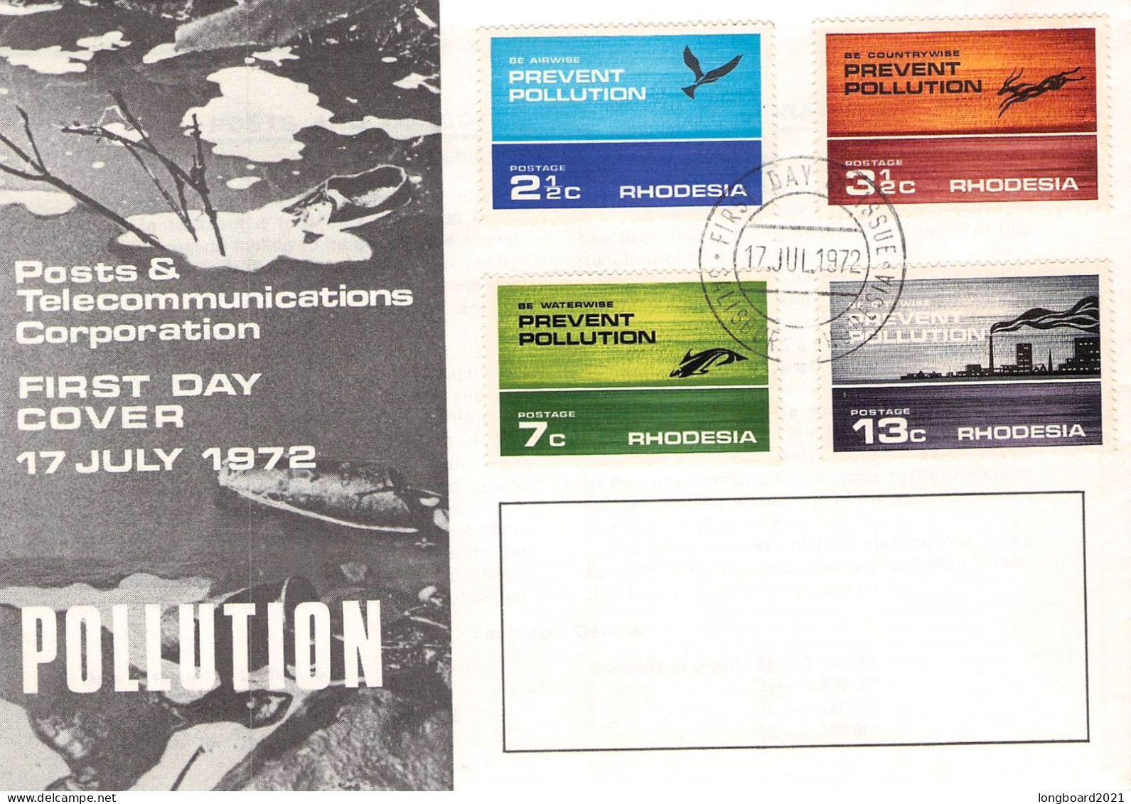 RHODESIA - FDC 1972 PREVENT POLLUTION MI 119-122 / 1333 - Rhodésie (1964-1980)