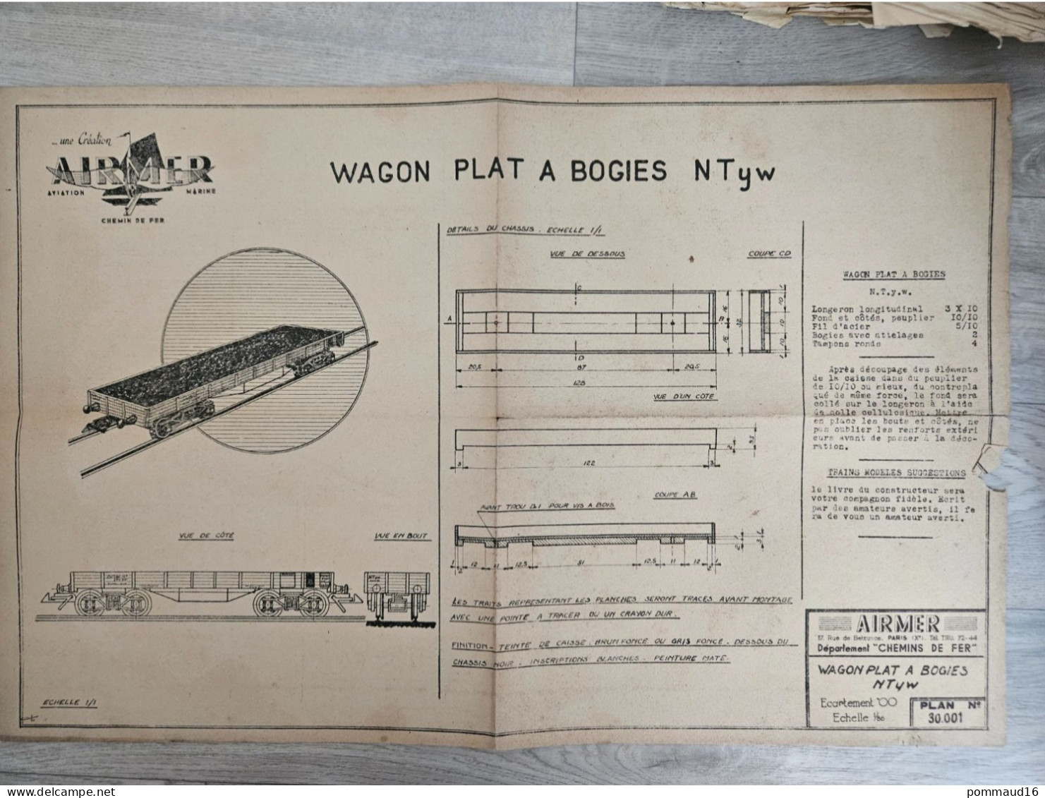 Plan N°30001 Airmer Département Chemins De Fer Wagon Plat à Bogies NTyw, échelle 1/86 - Andere Plannen