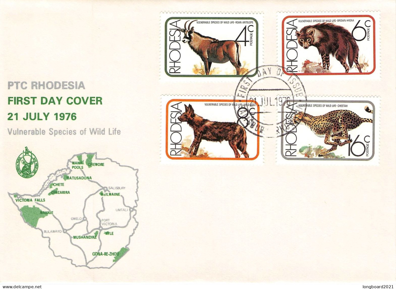 RHODESIA - FDC 1976 VULNERABLE SPECIES OF WILDLIFE MI 180-183 / 1338 - Rhodésie (1964-1980)