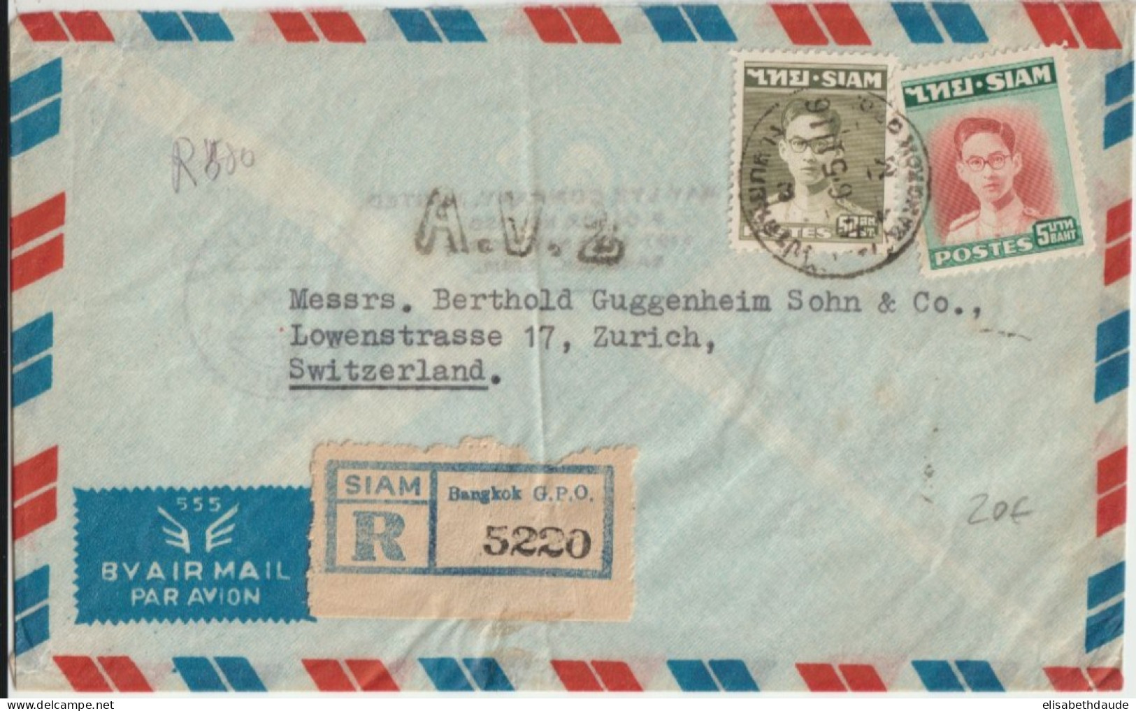 1951 - SIAM - ENVELOPPE RECOMMANDEE Par AVION De BANGKOK ! => ZÜRICH (SUISSE) - Siam