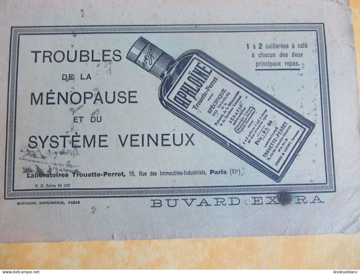 Buvard Ancien/Pharmacie/APHLOÏNE/Trouette-Perret/Troubles De La Ménopause /Vers 1930-1940    BUV663 - Produits Pharmaceutiques