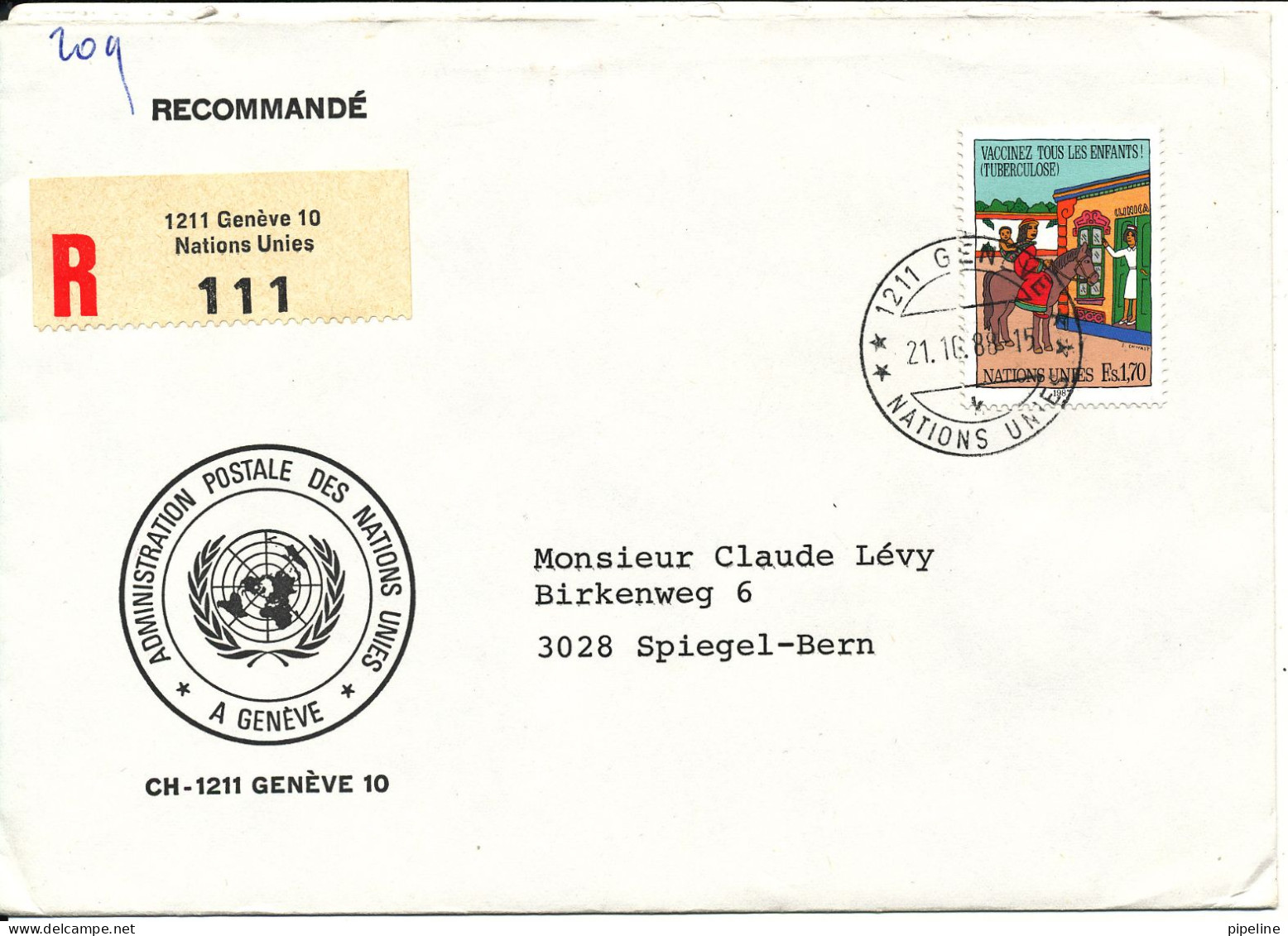 UN Geneve Registered Cover Sent To Bern 21-10-1988 Single Franked - Briefe U. Dokumente