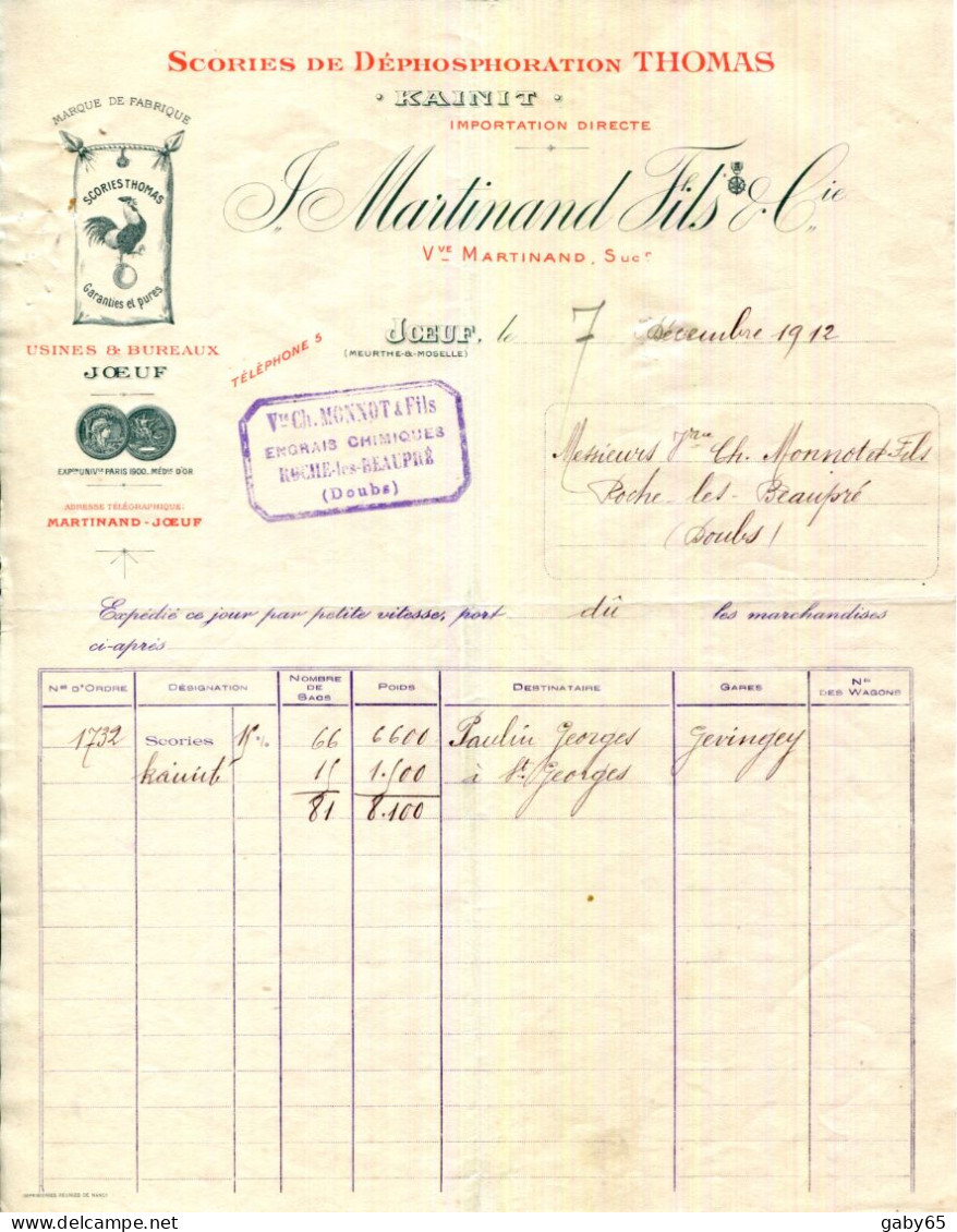 FACTURE.54.JŒUF.SCORIES DE DEPHOSPHORATION THOMAS.J.MARTINAND FILS & Cie.USINES & BUREAUX A JŒUF. - Agricultura