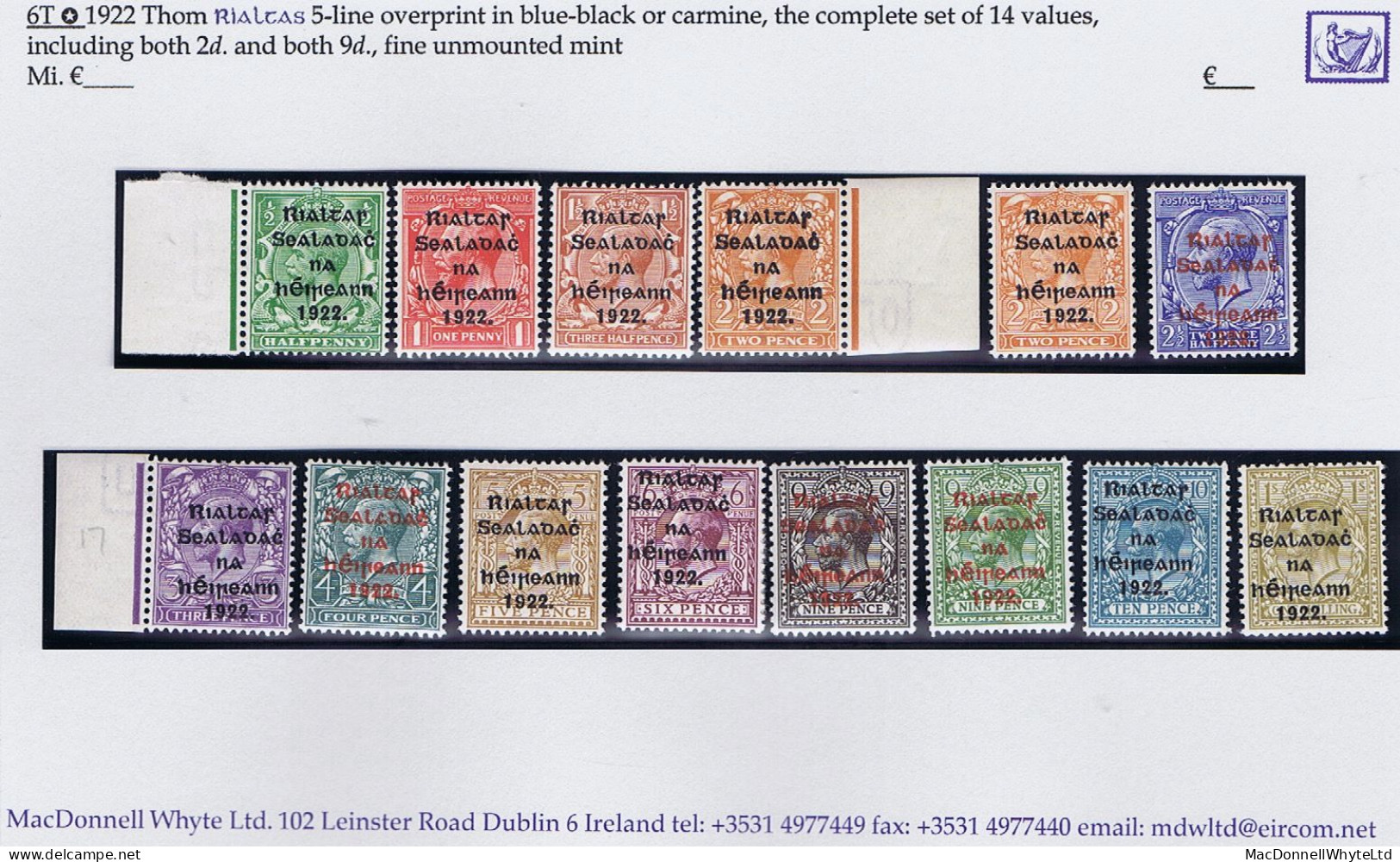 Ireland 1922 (Jul-Nov) Thom Rialtas Blue-black Ovpt, Set Of 14 ½d To 1s Fine And Fresh Mint Unmounted Never Hinged - Unused Stamps