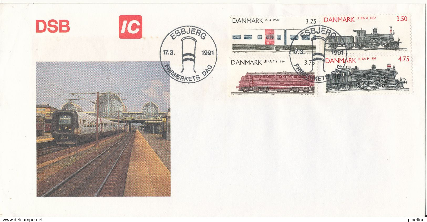 Denmark Stamp's Day Esbjerg 17-3-1991 With Complete Set Of 4 LOCOMOTIVES With Cachet - Brieven En Documenten