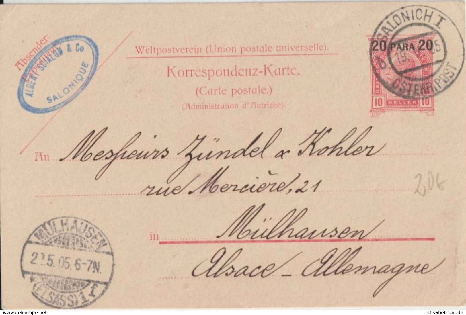 1905 - LEVANT AUTRICHIEN - CP ENTIER De SALONIQUE ! => MULHOUSE (ALSACE) - Eastern Austria