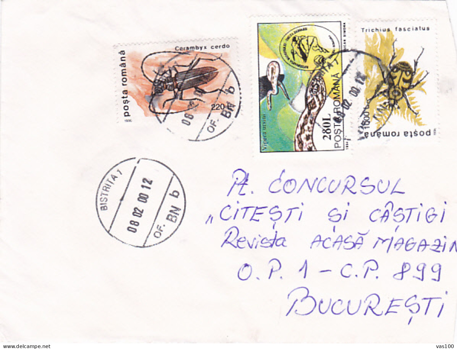 INSECTS, SNAKE, STAMPS ON COVER, 2000, ROMANIA - Storia Postale