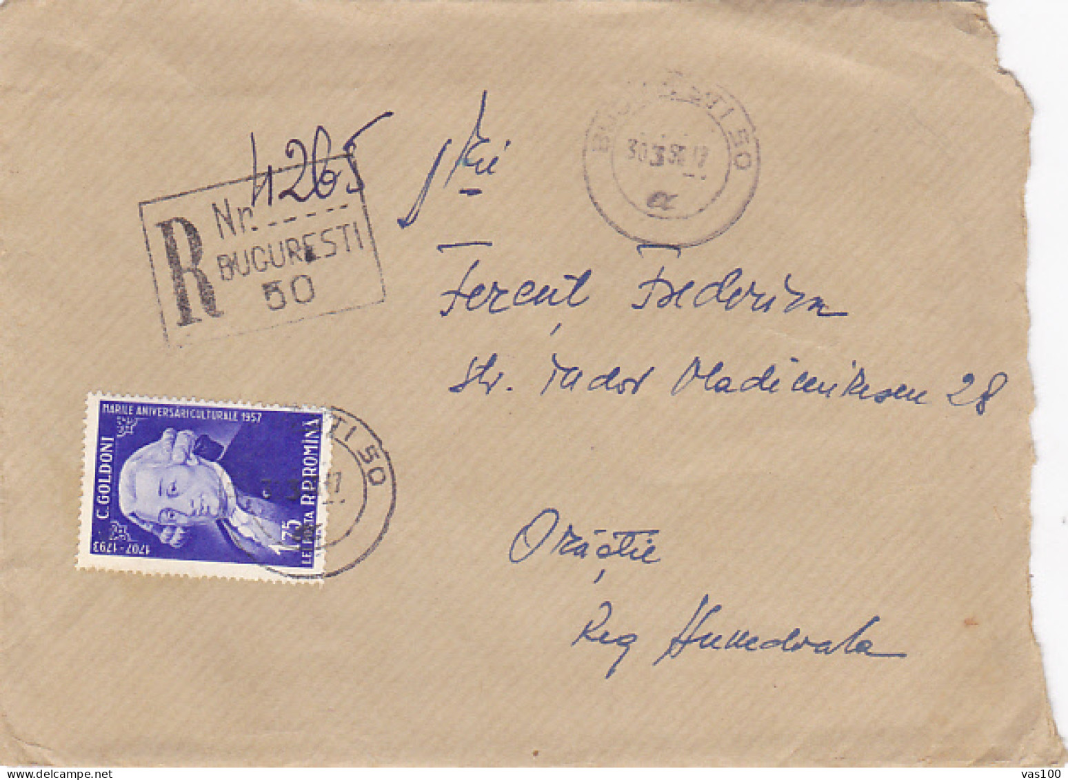 CARLO GOLDONI- WRITER, STAMP ON REGISTERED COVER, 1959, ROMANIA - Briefe U. Dokumente