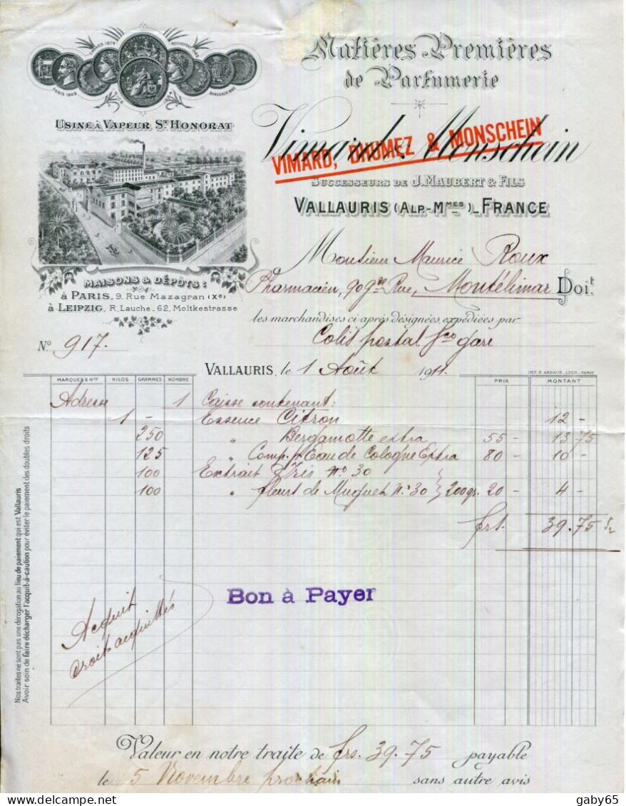 FACTURE.06.VALLAURIS.MATIERES PREMIERES DE PARFUMERIE.VIMARD & MONSCHEIN USINE A VAPEUR A SAINT HONORAT. - Chemist's (drugstore) & Perfumery