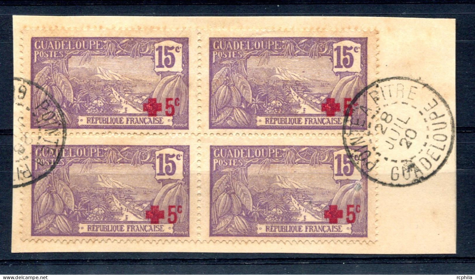 RC 26363 GUADELOUPE N° 76 CROIX ROUGE BLOC DE 4 OBLITÉRÉ SUR FRAGMENT TB - Oblitérés