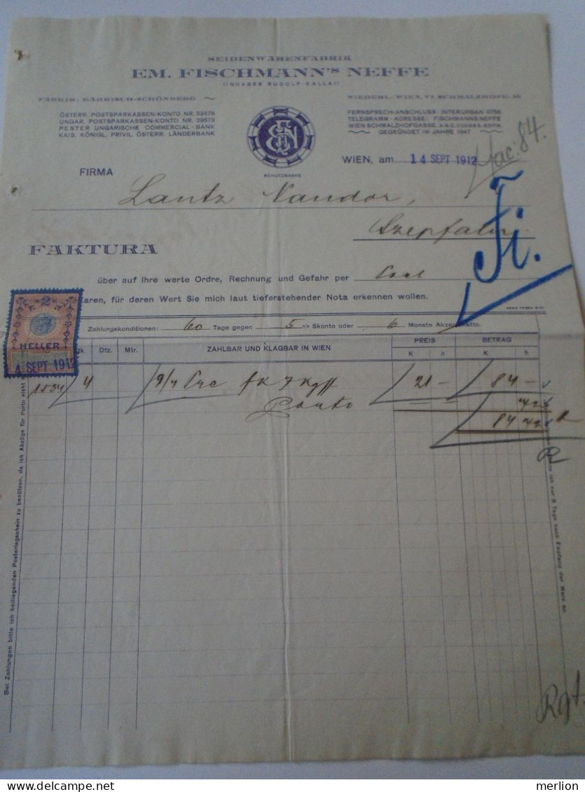 ZA470.28 Old Invoice  Austria -Em. Fischmann's Neffe  WIEN 1912 Sent To Nandor LANTZ Temesszépfalu Banat Hungary Romania - Österreich