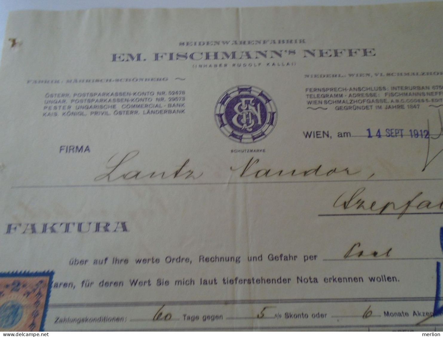 ZA470.28 Old Invoice  Austria -Em. Fischmann's Neffe  WIEN 1912 Sent To Nandor LANTZ Temesszépfalu Banat Hungary Romania - Austria