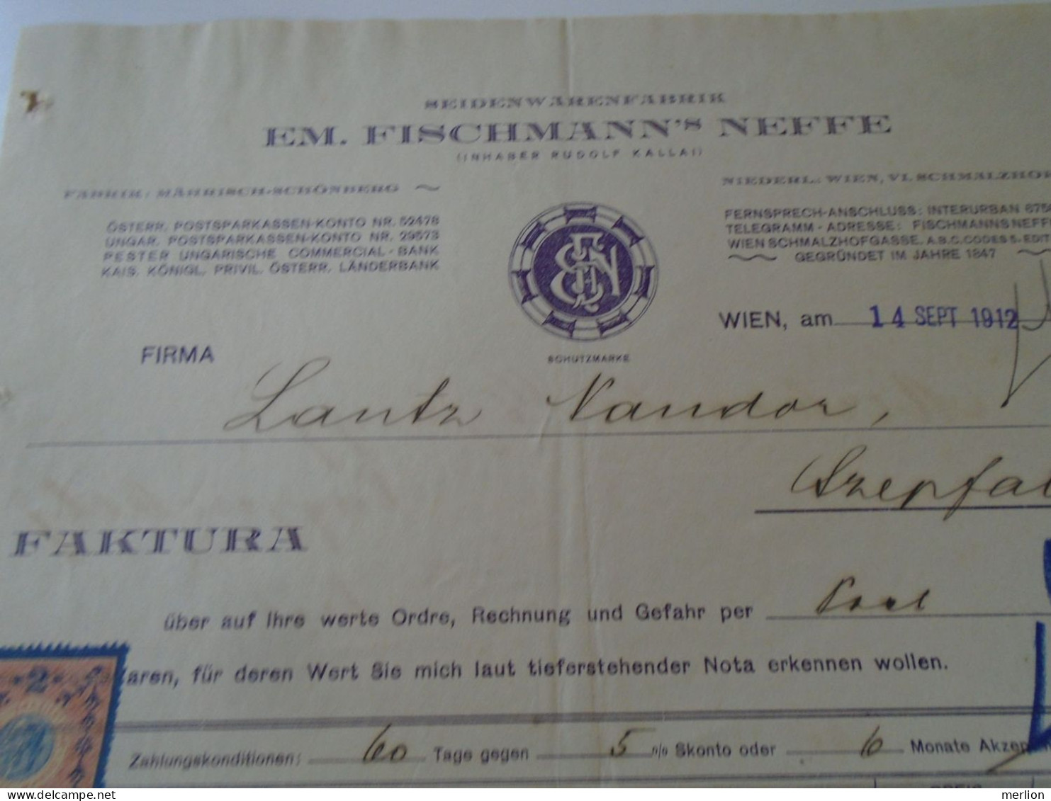 ZA470.28 Old Invoice  Austria -Em. Fischmann's Neffe  WIEN 1912 Sent To Nandor LANTZ Temesszépfalu Banat Hungary Romania - Autriche