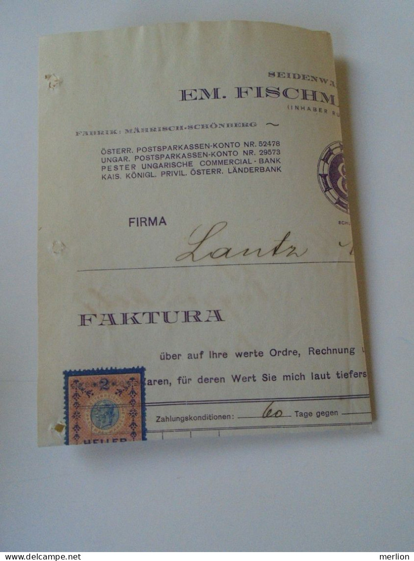 ZA470.28 Old Invoice  Austria -Em. Fischmann's Neffe  WIEN 1912 Sent To Nandor LANTZ Temesszépfalu Banat Hungary Romania - Oostenrijk