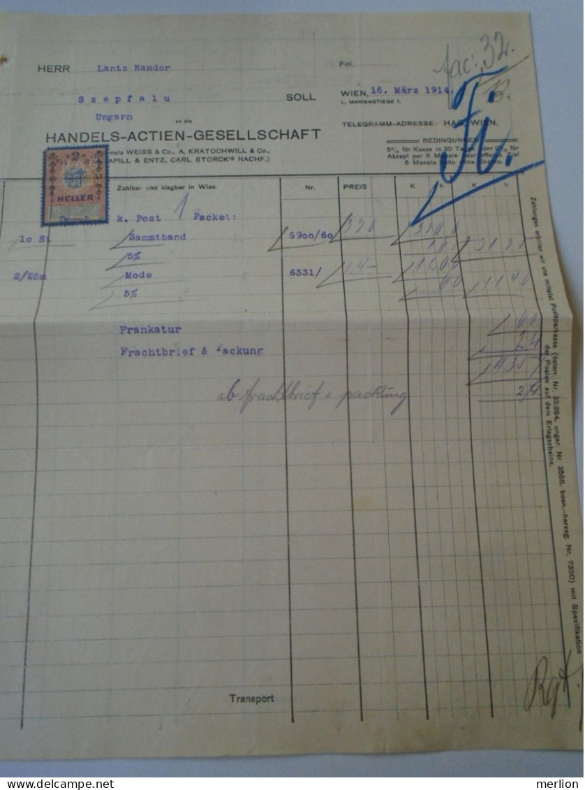ZA470.29 Old Invoice  Austria -Handels-Actien Ges. WIEN 1914 Sent To Nandor LANTZ Temesszépfalu Banat Hungary Romania - Österreich