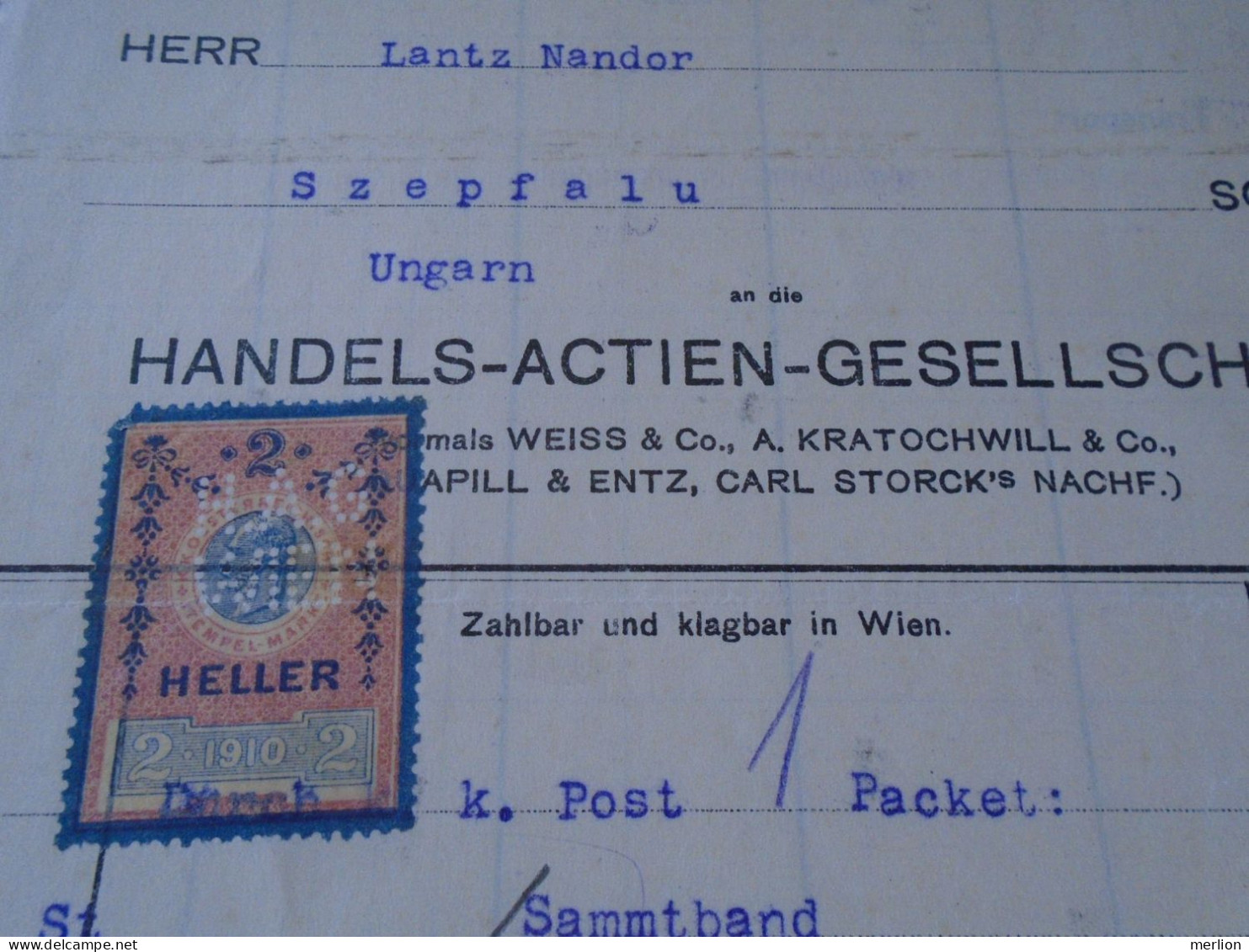 ZA470.29 Old Invoice  Austria -Handels-Actien Ges. WIEN 1914 Sent To Nandor LANTZ Temesszépfalu Banat Hungary Romania - Austria