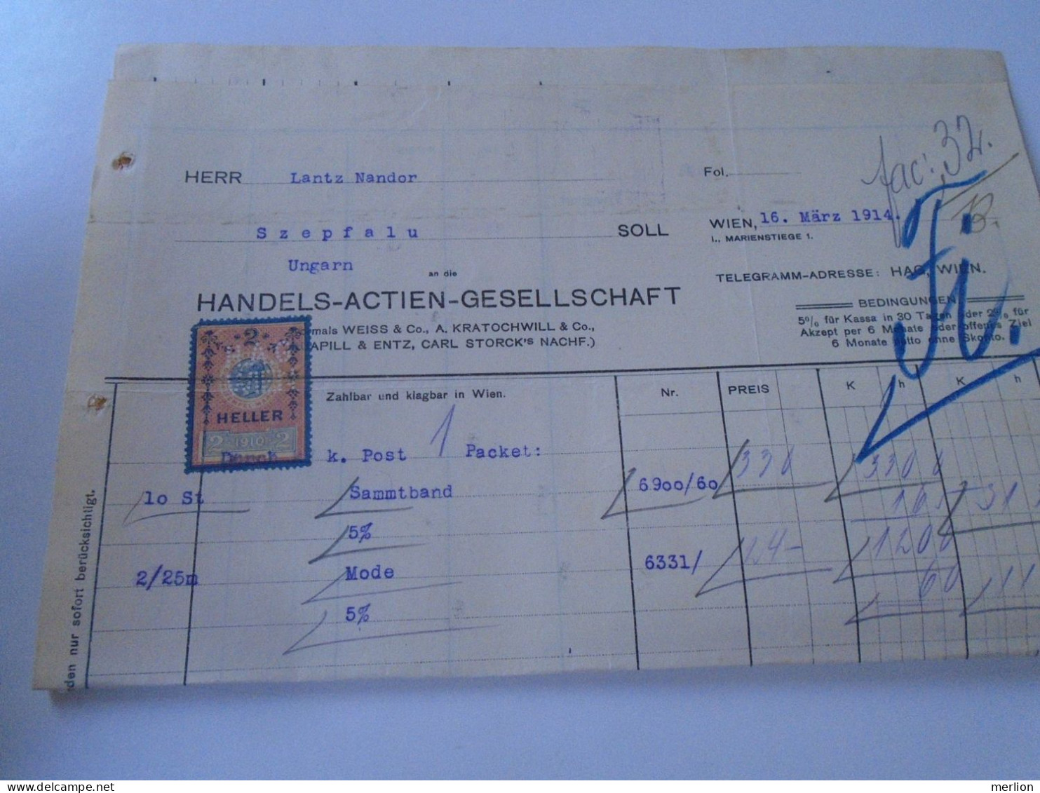 ZA470.29 Old Invoice  Austria -Handels-Actien Ges. WIEN 1914 Sent To Nandor LANTZ Temesszépfalu Banat Hungary Romania - Oostenrijk